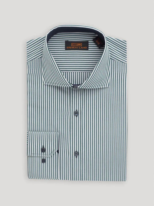 Steven Land Mens Green Striped Cutaway Collar 100% Cotton Dress Shirt