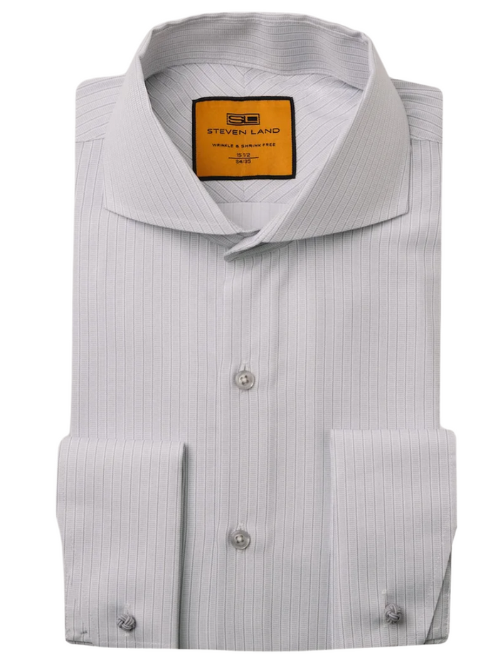 Steven Land Men's Light Gray Textured Stripe French Cuff Cutaway Collar Dress Shirt