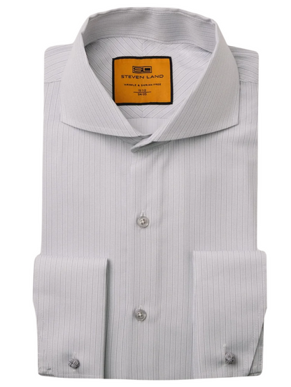 Steven Land Men's Light Gray Textured Stripe French Cuff Cutaway Collar Dress Shirt
