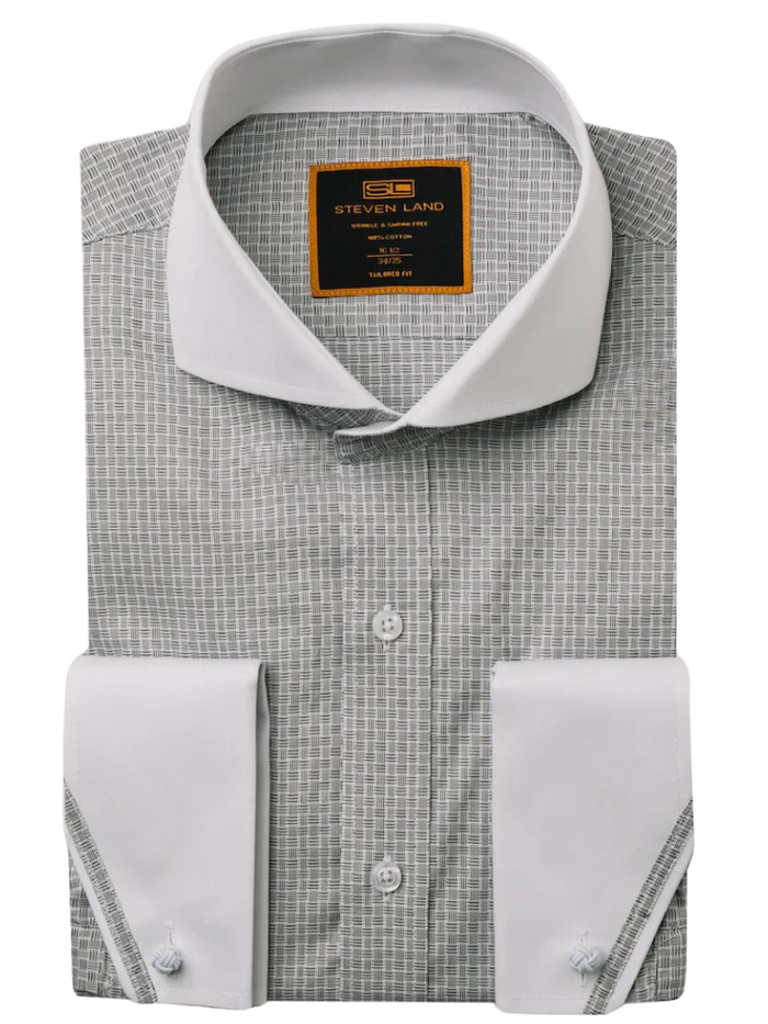 Steven Land Men's White Shirt with Black Check Cutaway Collar French Cuff Dress Shirt