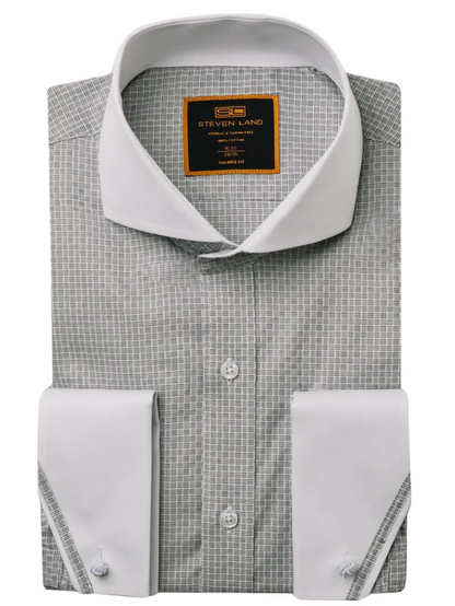 Steven Land Men's White Shirt with Black Check Cutaway Collar French Cuff Dress Shirt