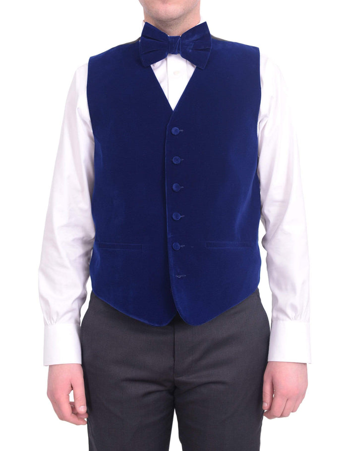 Steven Land Solid Sapphire Blue Velvet Velour Vest With Necktie & Bowtie Set - The Suit Depot