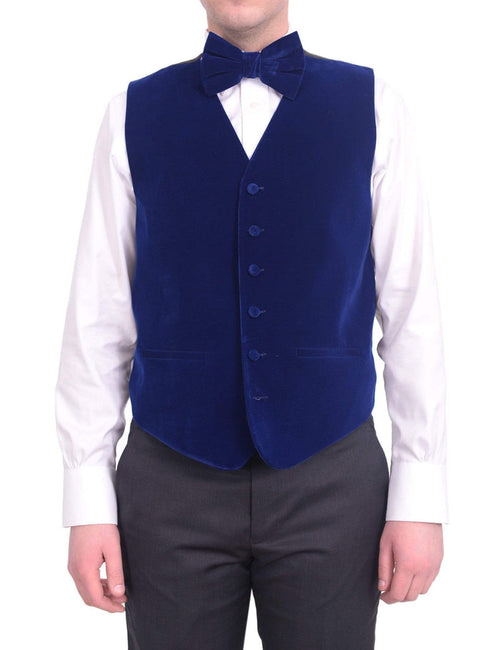Steven Land Solid Sapphire Blue Velvet Velour Vest With Necktie & Bowtie Set - The Suit Depot