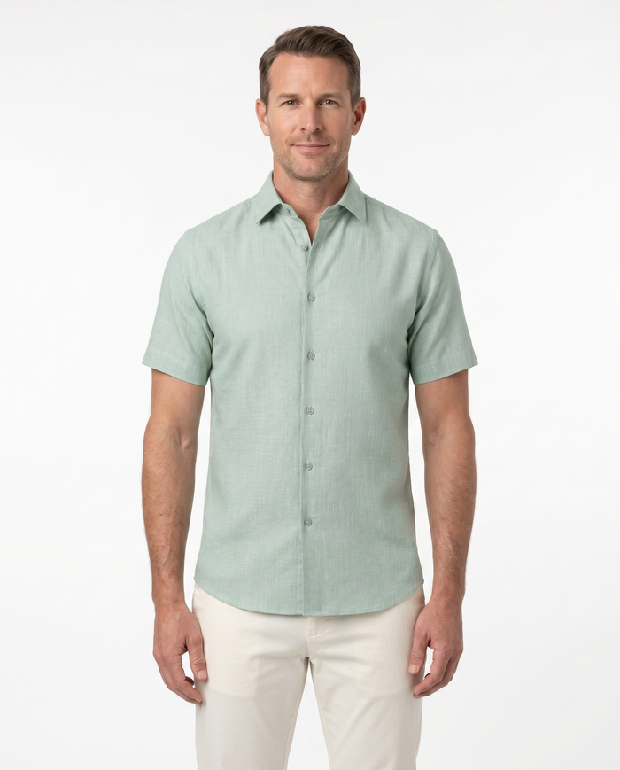 Suslo Couture Green Cotton Linen Blend Slim Fit Button-Up Spread Collar Casual Shirt