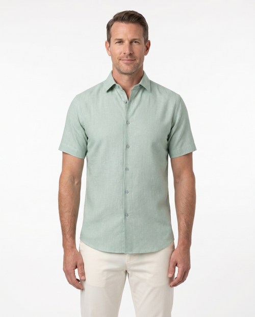Suslo Couture Green Cotton Linen Blend Slim Fit Button-Up Spread Collar Casual Shirt