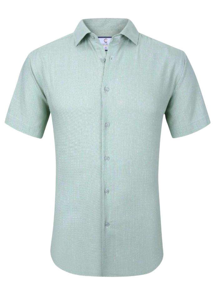 Suslo Couture Green Cotton Linen Blend Slim Fit Button-Up Spread Collar Casual Shirt