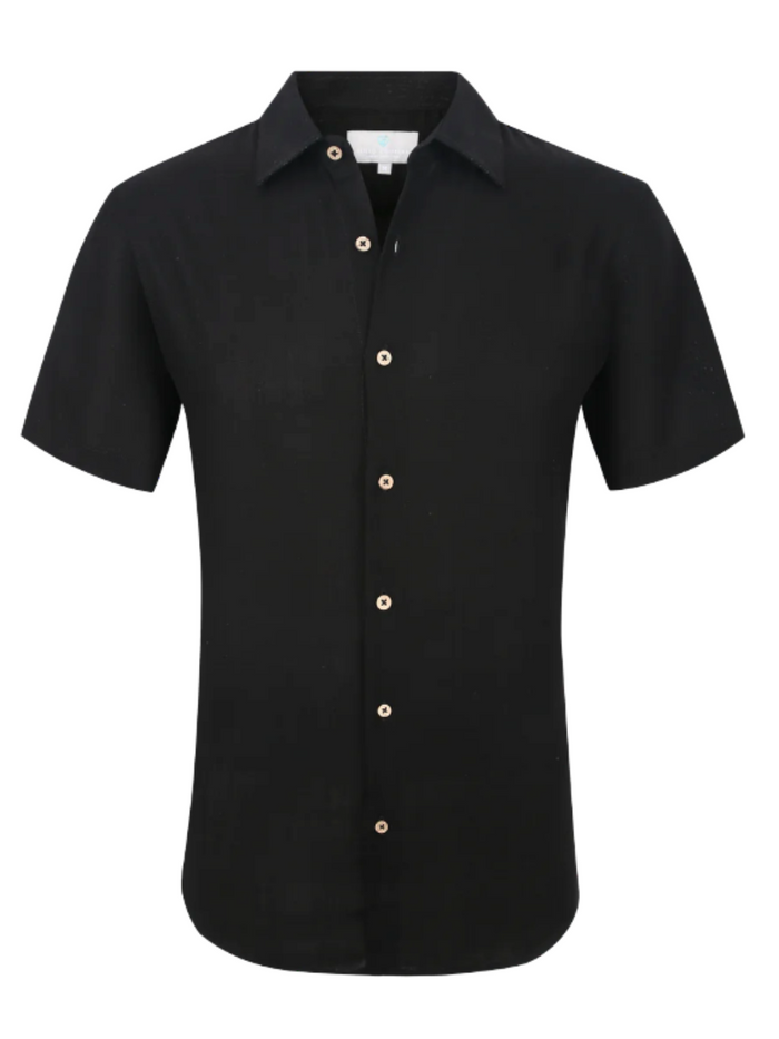 Suslo Couture Mens Black Linen Blend Button-Up Spread Collar Casual Shirt
