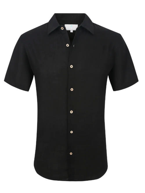 Suslo Couture Mens Black Linen Blend Button-Up Spread Collar Casual Shirt