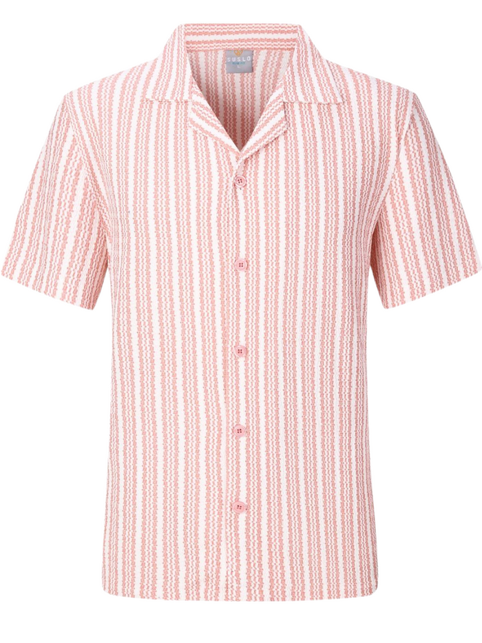 Suslo Couture Mens Pink and White Striped Cuban Collar Slim Fit Stretch Shirt