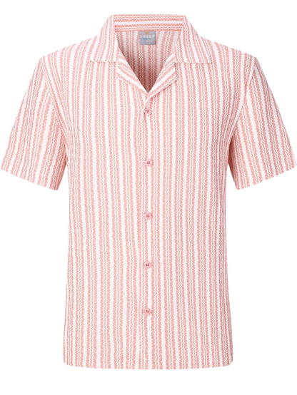 Suslo Couture Mens Pink and White Striped Cuban Collar Slim Fit Stretch Shirt