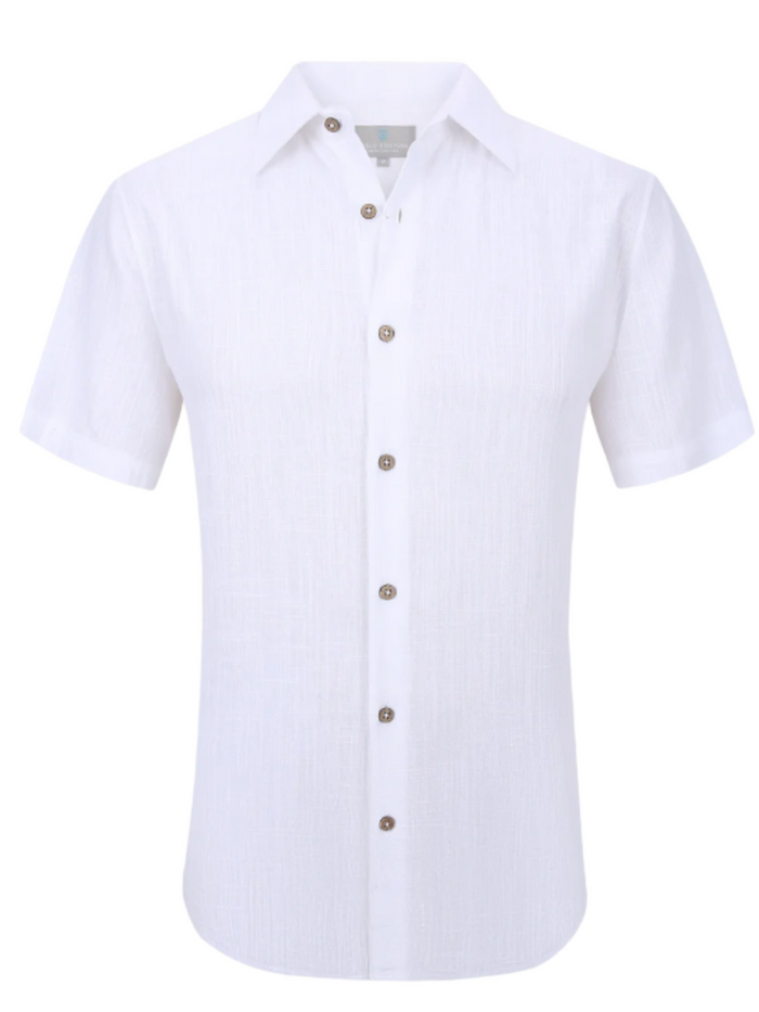 Suslo Couture Mens White Linen Blend Button-Up Spread Collar Casual Shirt