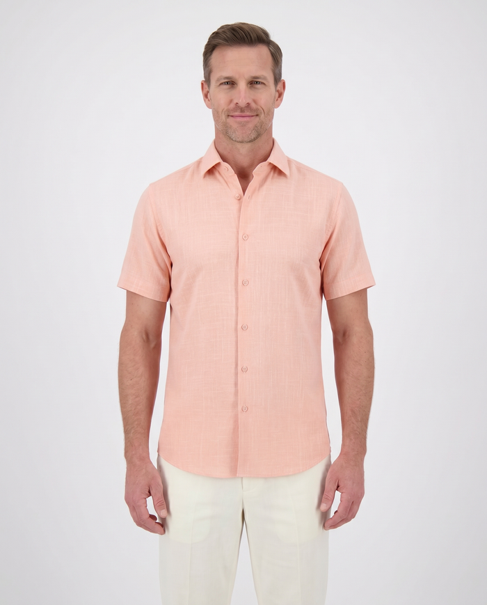 Suslo Couture Peach Cotton Linen Blend Slim Fit Button-Up Casual Shirt