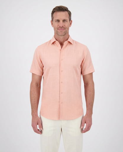 Suslo Couture Peach Cotton Linen Blend Slim Fit Button-Up Casual Shirt