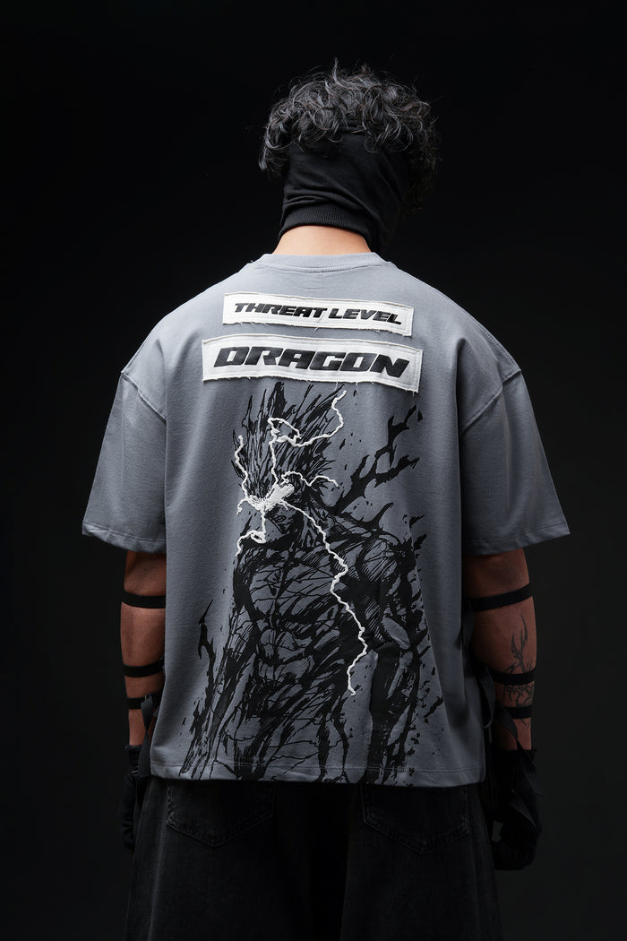 Threat Level Dragon V2 - Anime oversized tshirt with Patchwork