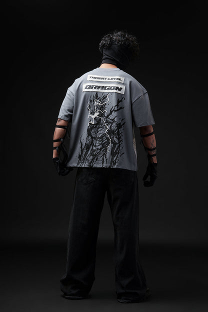 Threat Level Dragon V2 - Anime oversized tshirt with Patchwork