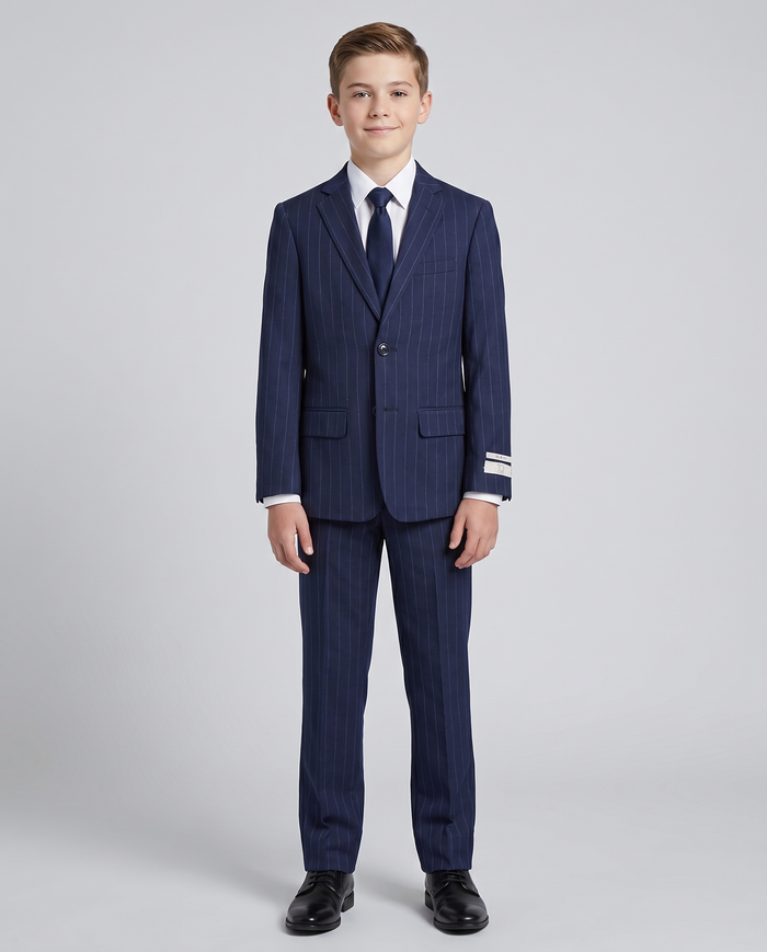 T.O Boys Blue Pinstriped Slim Fit 2 Piece Suit