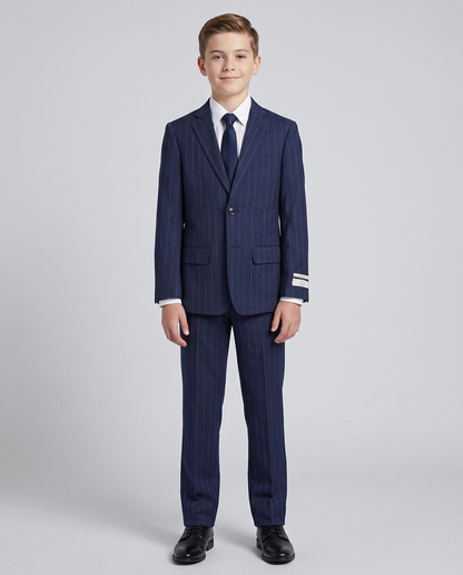T.O Boys Blue Pinstriped Slim Fit 2 Piece Suit