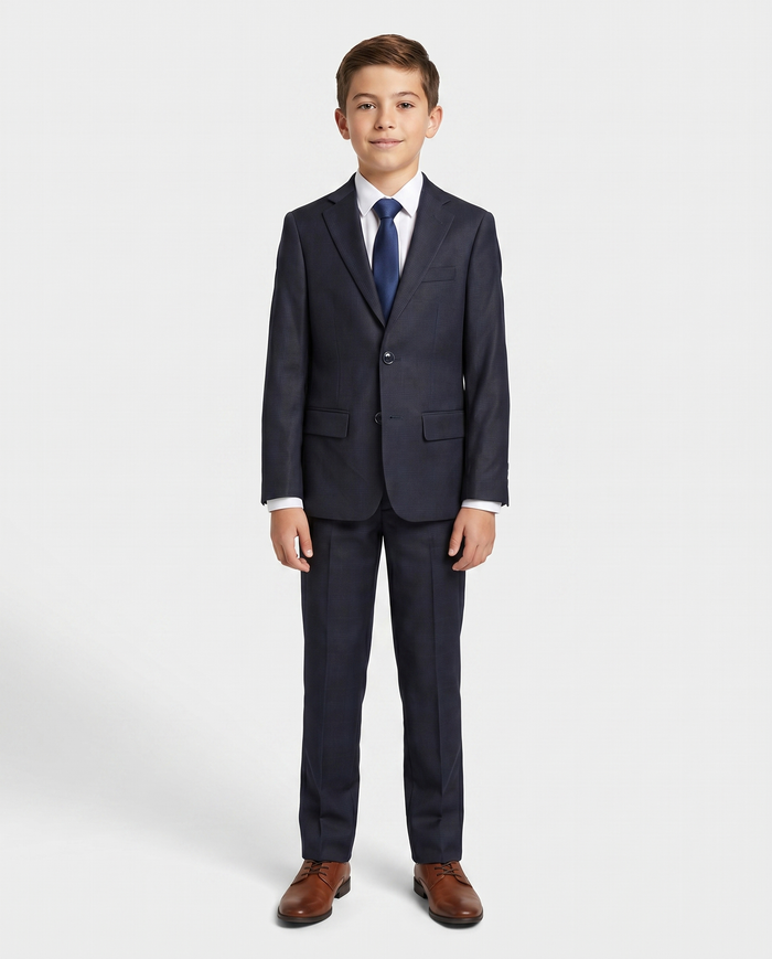 T.O Boys Navy Blue Plaid Slim Fit 2 Piece Suit