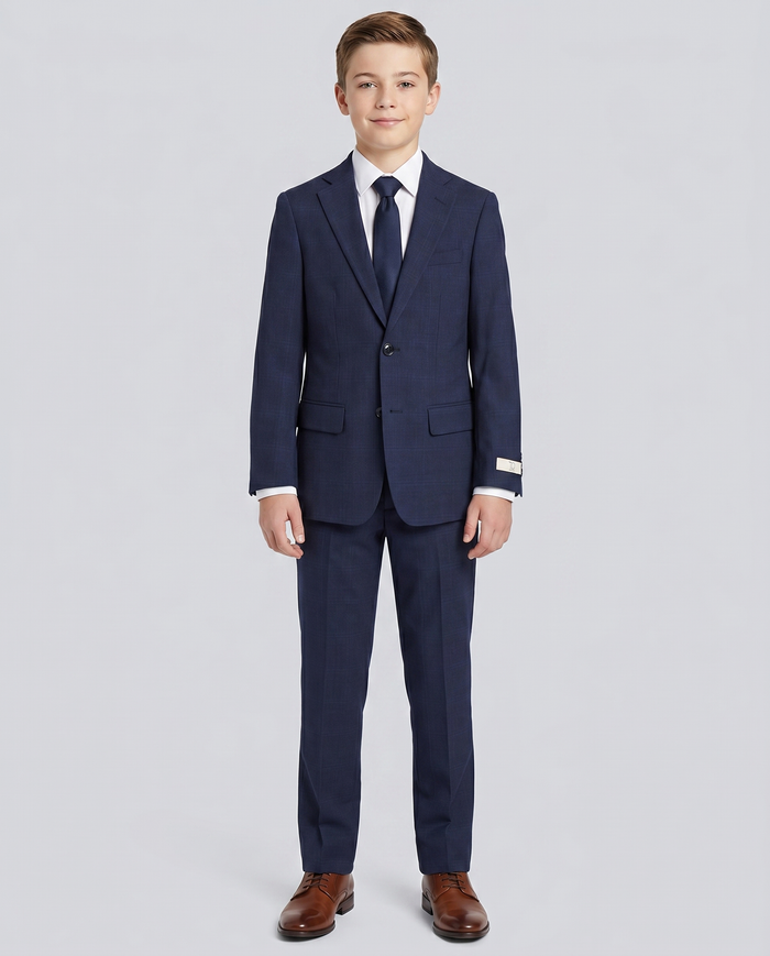 T.O TR Boys Check Navy Blue Classic Fit 2 Piece Suit