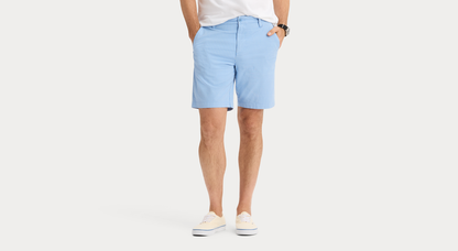 View of model wearing Vista Blue Ultimate 9.5" Shorts, Straight Fit.