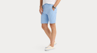 View of model wearing Vista Blue Ultimate 9.5" Shorts, Straight Fit.