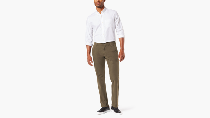 Front view of model wearing Leather Ultimate Chinos, Straight Fit.
