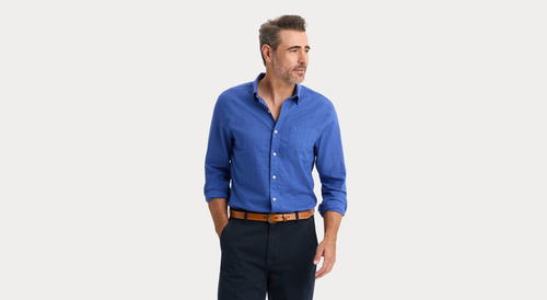 View of model wearing Deep Ultramarine Ultimate Shirt, Regular Fit.