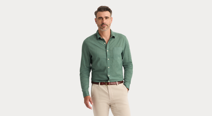 View of model wearing Duck Green Ultimate Shirt, Regular Fit.