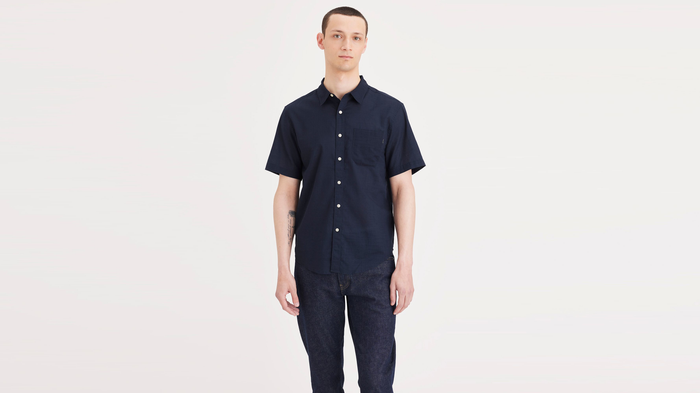 Front view of model wearing Navy Blazer Ultimate Shirt, Regular Fit.