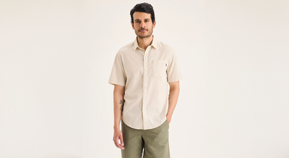 Front view of model wearing Sahara Khaki Ultimate Shirt, Regular Fit.