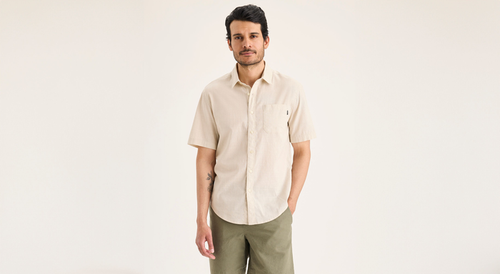 Front view of model wearing Sahara Khaki Ultimate Shirt, Regular Fit.