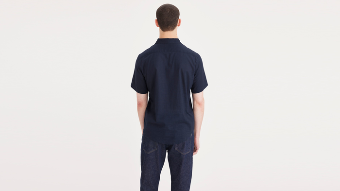 Back view of model wearing Navy Blazer Ultimate Shirt, Regular Fit.