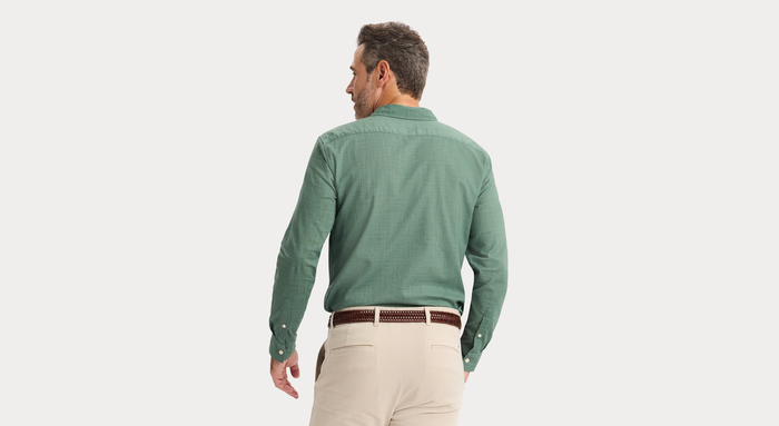 View of model wearing Duck Green Ultimate Shirt, Regular Fit.