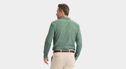 View of model wearing Duck Green Ultimate Shirt, Regular Fit.
