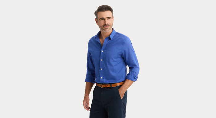 View of model wearing Deep Ultramarine Ultimate Shirt, Regular Fit.