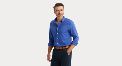 View of model wearing Deep Ultramarine Ultimate Shirt, Regular Fit.