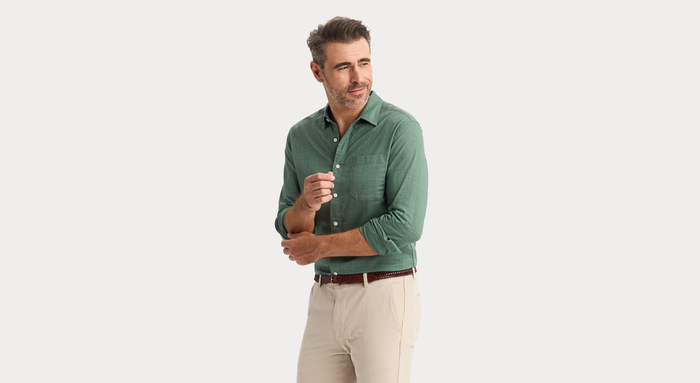 View of model wearing Duck Green Ultimate Shirt, Regular Fit.