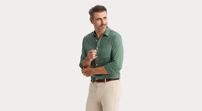 View of model wearing Duck Green Ultimate Shirt, Regular Fit.