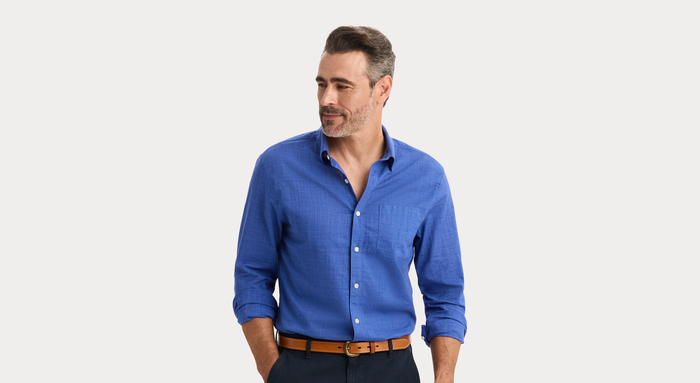 View of model wearing Deep Ultramarine Ultimate Shirt, Regular Fit.
