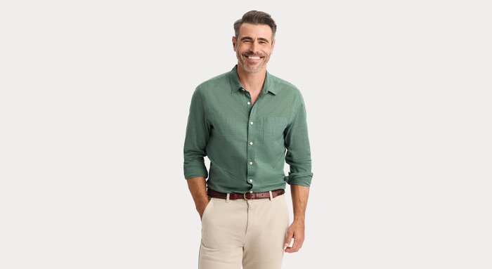 View of model wearing Duck Green Ultimate Shirt, Regular Fit.