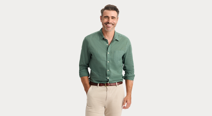 View of model wearing Duck Green Ultimate Shirt, Regular Fit.