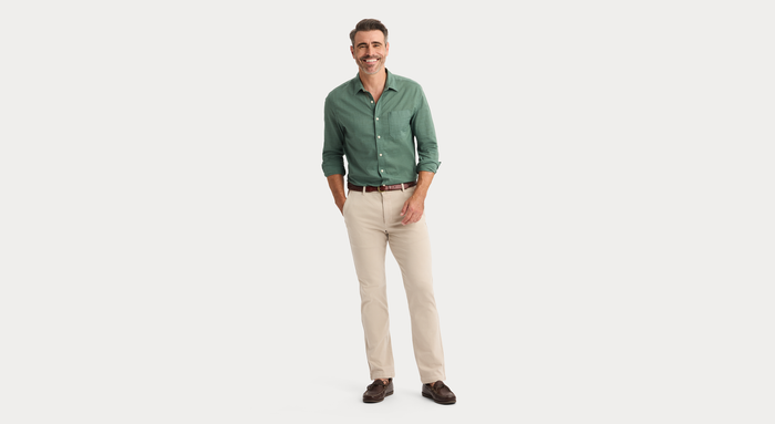 View of model wearing Duck Green Ultimate Shirt, Regular Fit.