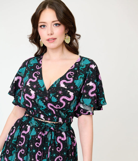 Unique Vintage Black Dragon Print Dottie Crop Top