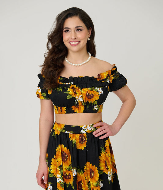 Unique Vintage Black Sunflower Ruffle Up Crop Top