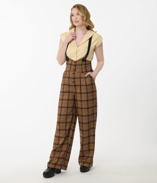 Unique Vintage Brown Plaid Thelma Suspender Pants