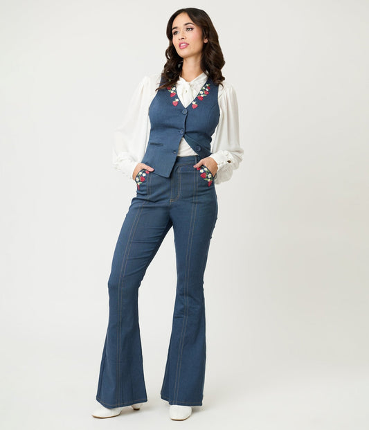 Unique Vintage Denim Strawberry Embroidered Flare Pants