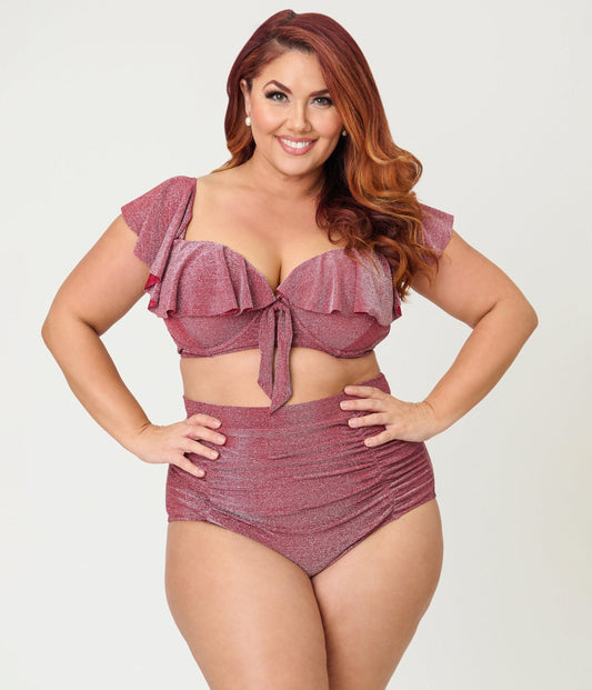 Unique Vintage Plus Size Burgundy Lurex Monroe High Waist Bikini Bottom