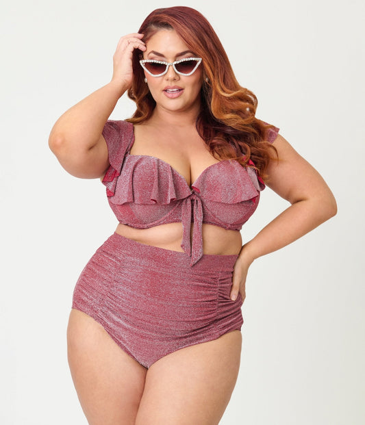 Unique Vintage Plus Size Burgundy Lurex Ruffled Cap Sleeve Frida Swim Top