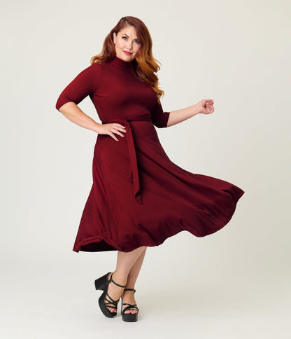 Unique Vintage Plus Size Burgundy Turtleneck Midi Dress