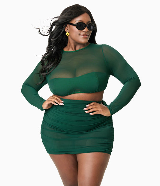 Unique Vintage Plus Size Green Mesh Long Sleeve Swim Top